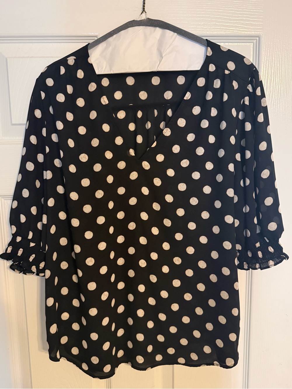 Ann Taylor Factory Sheer Black Blouse with Cream Polka Dots